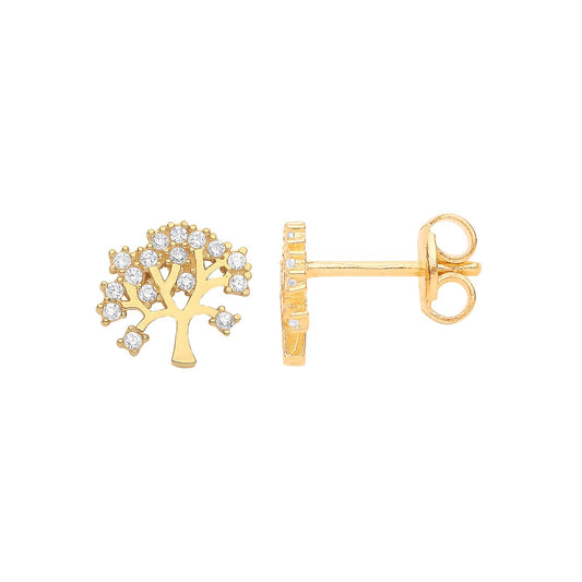 Yellow Gold Tree Of Life Stud Cubic Zirconia Earrings
