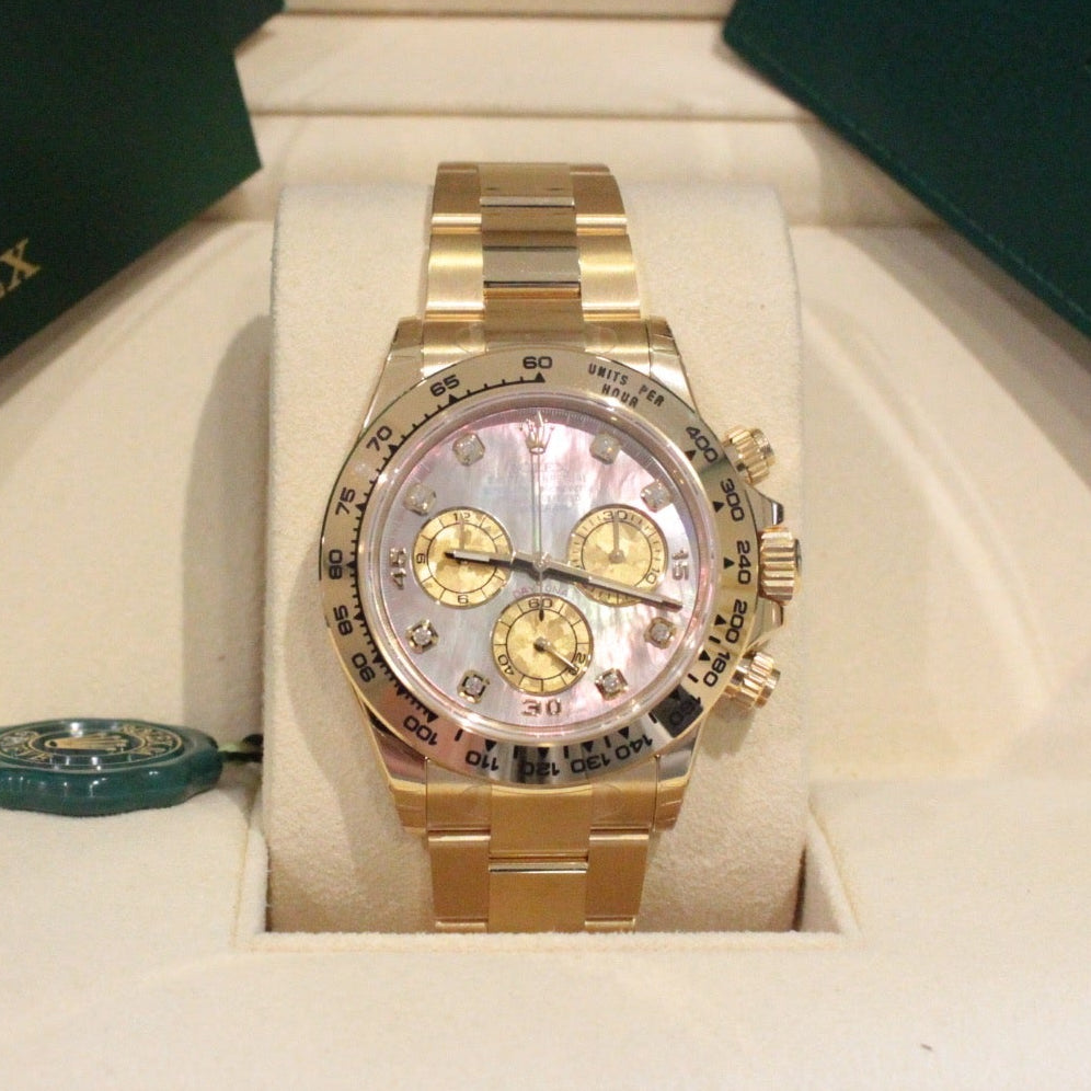 Rolex Cosmograph Daytona 116508 – Tahitian Mother of Pearl Dial, 18ct Yellow Gold Gold watch in a Rolex box with a warranty card.