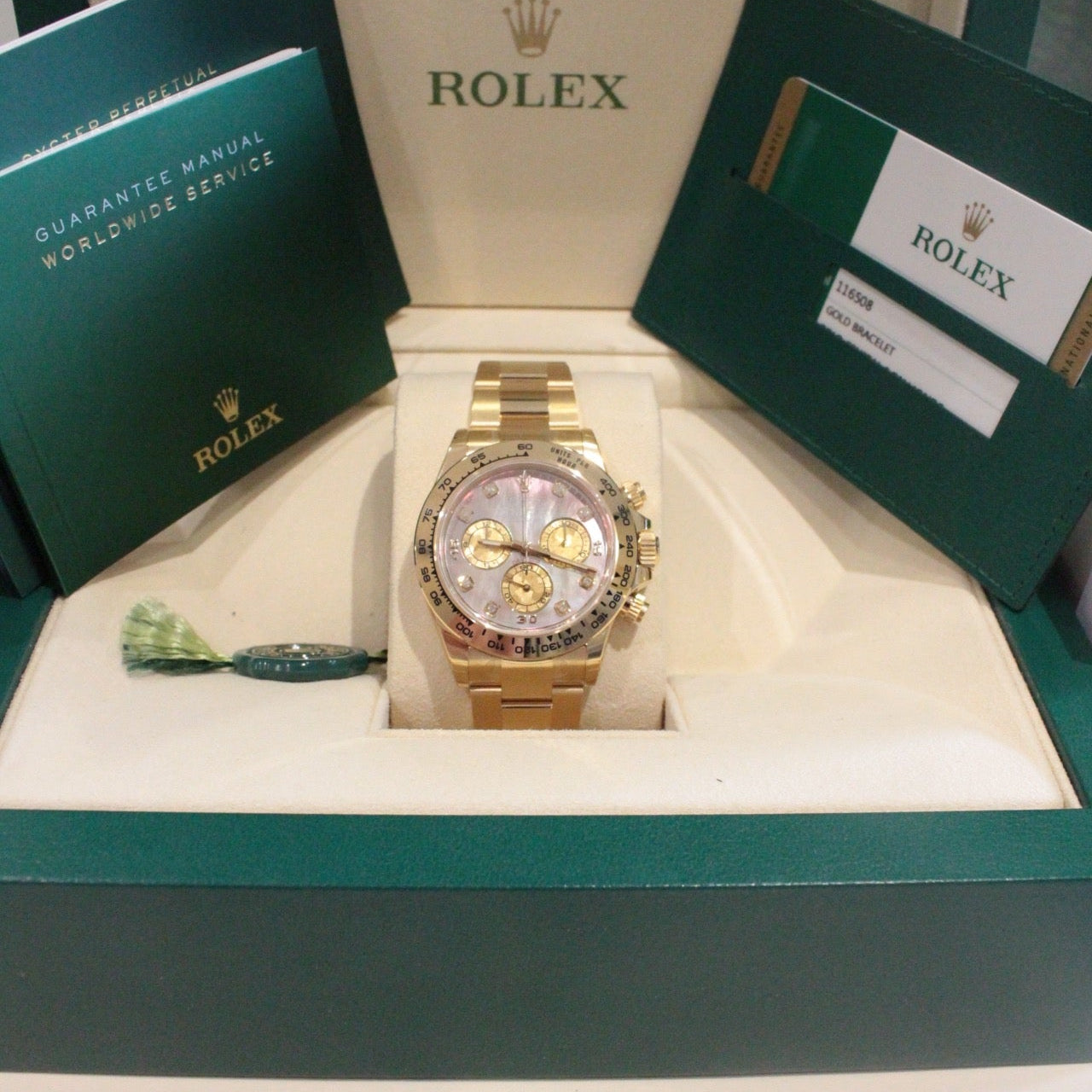 Rolex Cosmograph Daytona 116508 – Tahitian Mother of Pearl Dial, 18ct Yellow Gold Gold Rolex watch in a branded box with Rolex logo visible