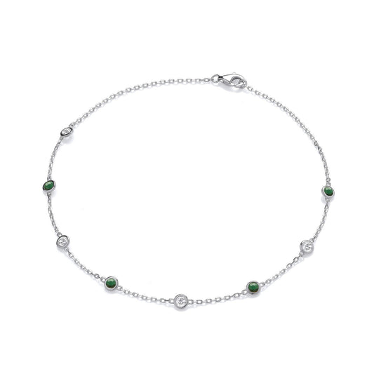 Silver Rubover Green & Clear Cubic Zirconia's Ladies Anklet