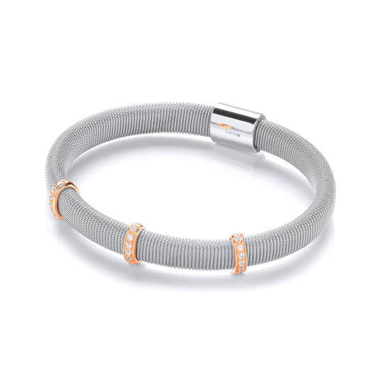 Silver Mangetic Bangle With Three Rose Lines Of Cubic Zirconia's