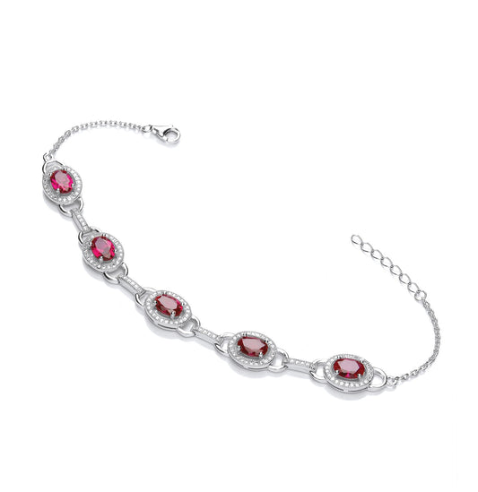 Red & Clear Cubic Zirconia's Halo Style Ladies Silver Bracelet