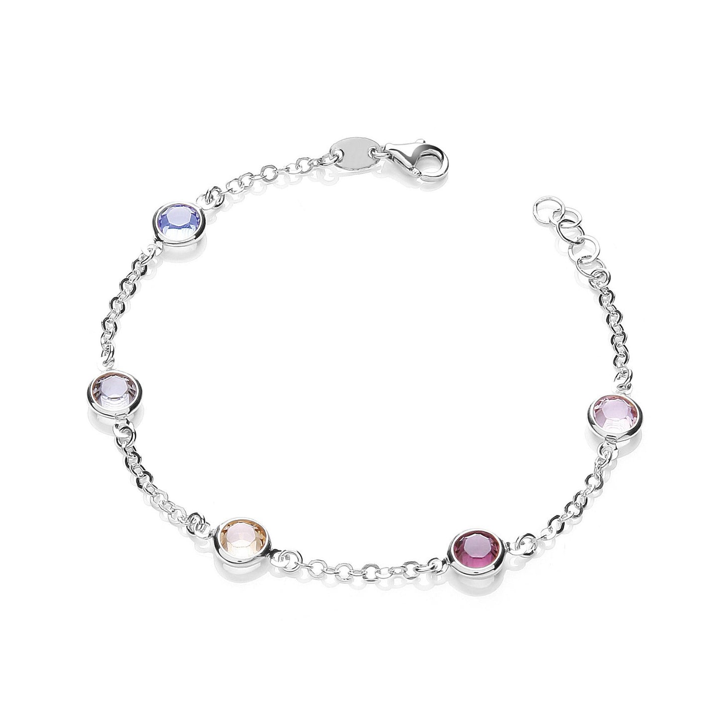 Silver 5 Multi Coloured Rubover Cubic Zirconia's 7"/19cm Bracelet