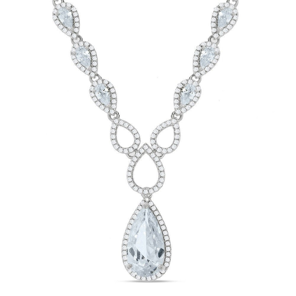 Silver Pear Shaped Drop Set Clear Cubic Zirconia's Necklace 18"
