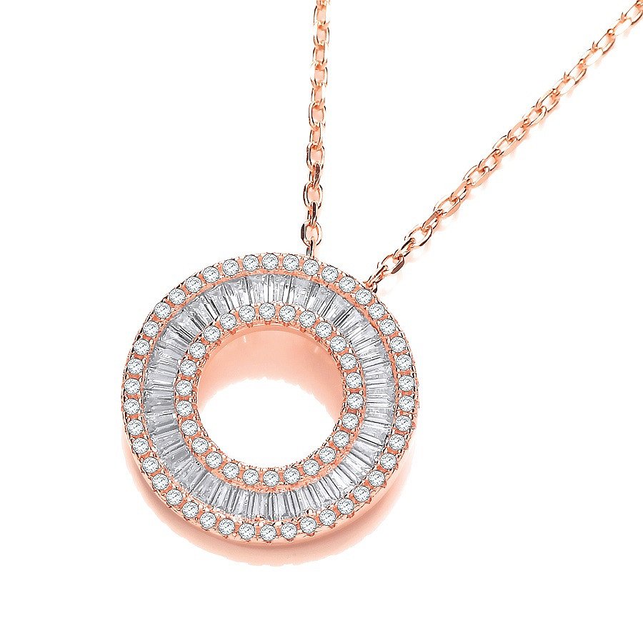 Rose Coated Silver Circle Of Life Baguettes & Round Cubic Zirconia 17" Necklace