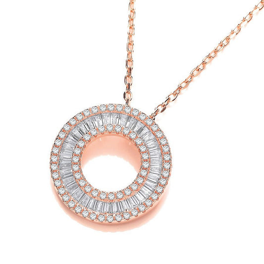 Rose Coated Silver Circle Of Life Baguettes & Round Cubic Zirconia 17" Necklace