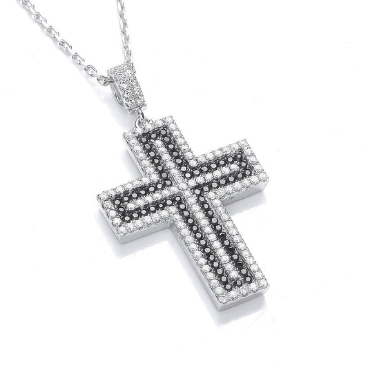 Micro Pave' Black & Clear Cubic Zirconia Cross With Chain