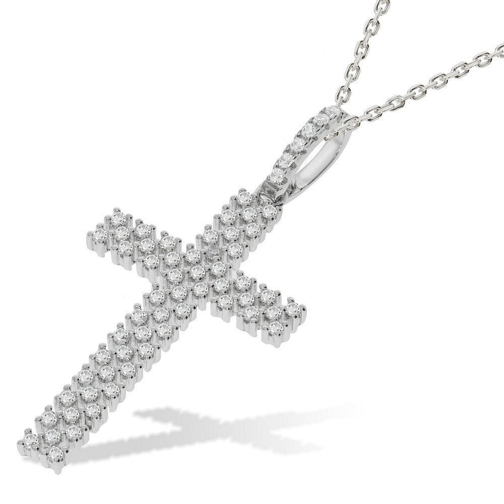 Micro Pave' Multi Row Cubic Zirconia Cross With Chain