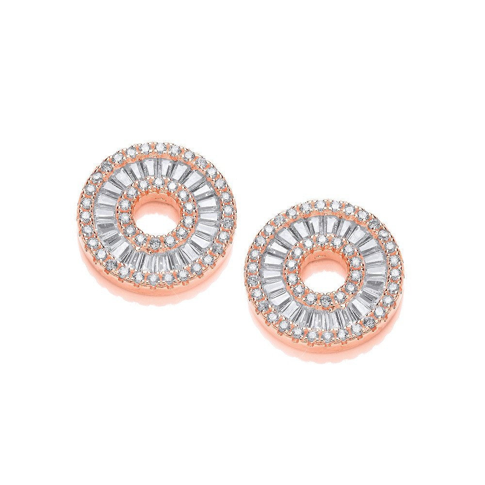 Rose Gold Coated Circle Of Life In Baguettes And Round Cubic Zirconia Earrings