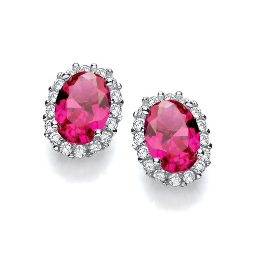 Oval Red Cubic Zirconia Stud Silver Earrings