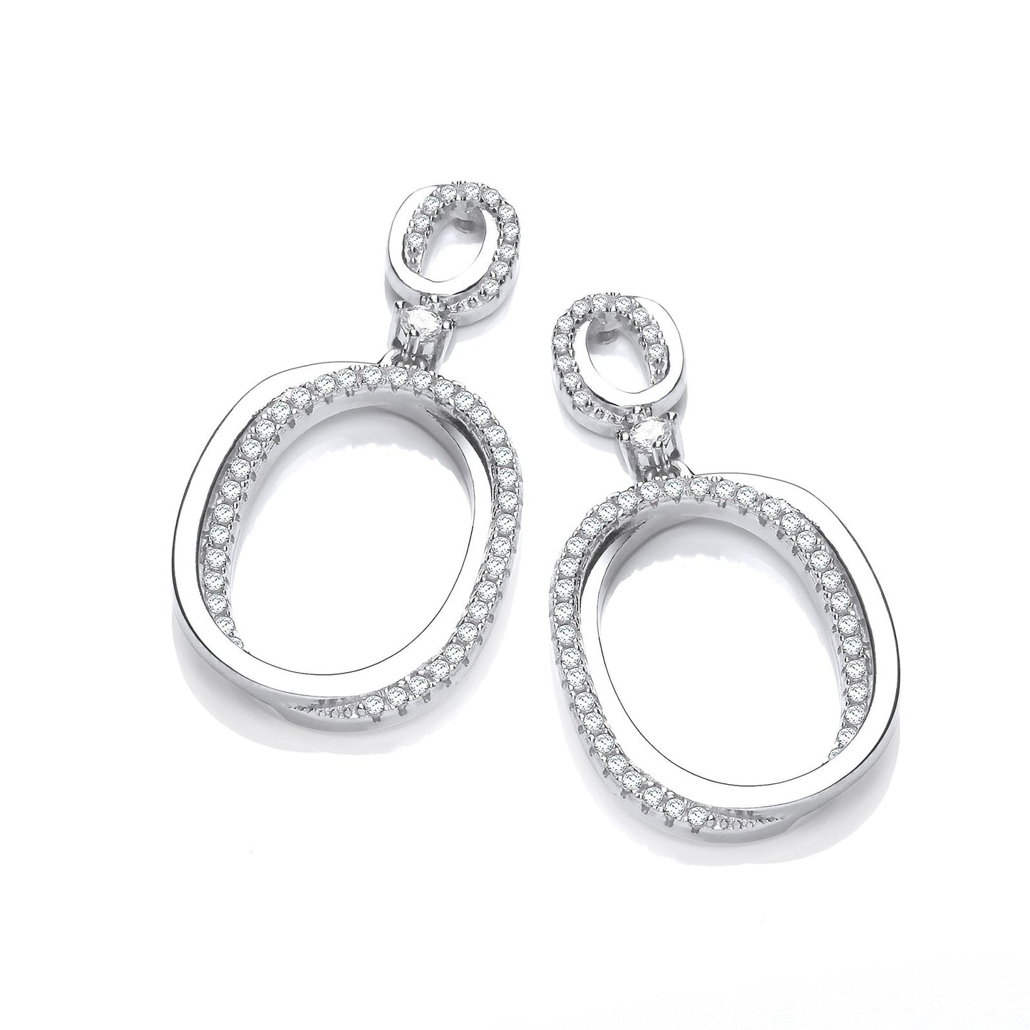 Oval Plain & Cubic Zirconias Drop Earrings