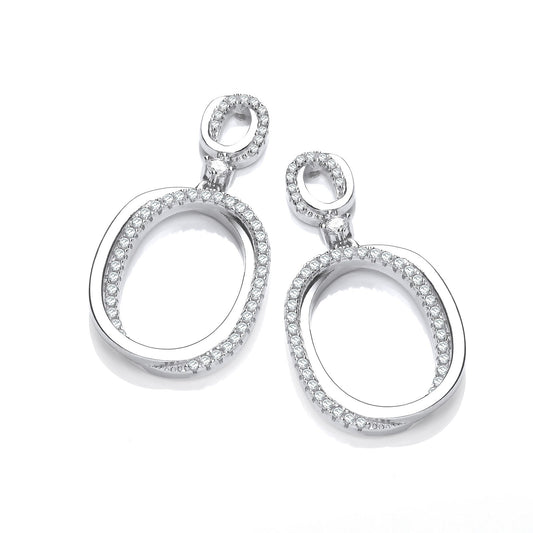 Oval Plain & Cubic Zirconias Drop Earrings