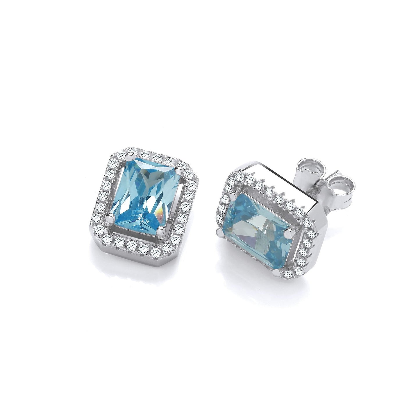 Silver Blue Cubic Zirconias Halo Stud Earrings