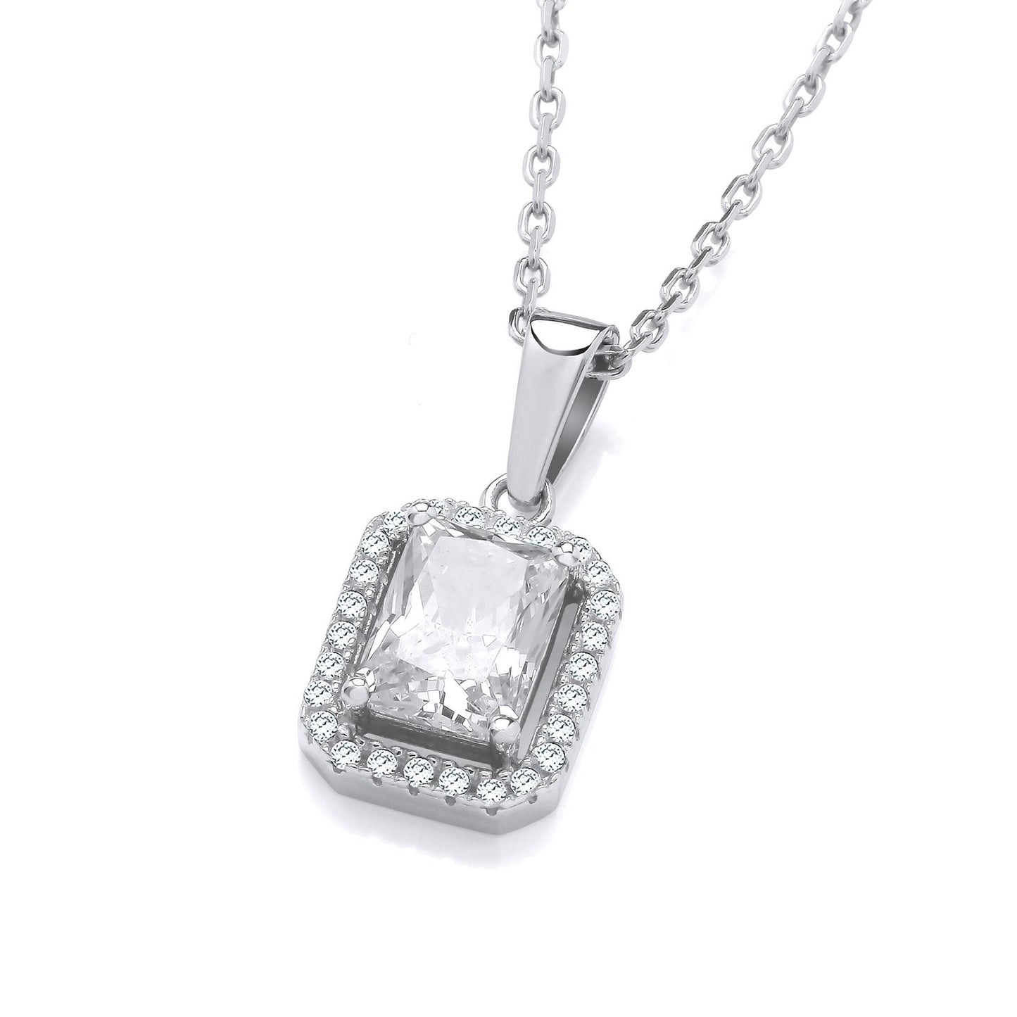 Silver Clear Cubic Zirconias Halo Stud Pendant With Chain