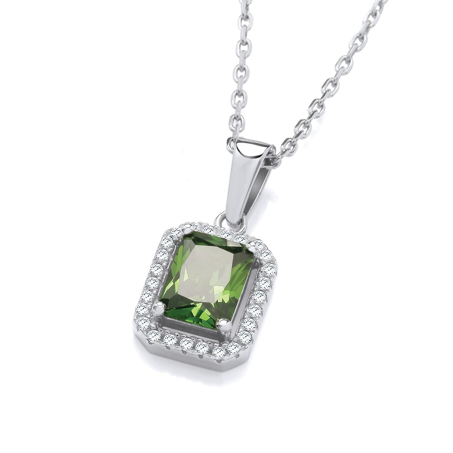 Silver Green Cubic Zirconias Halo Stud Pendant With Chain