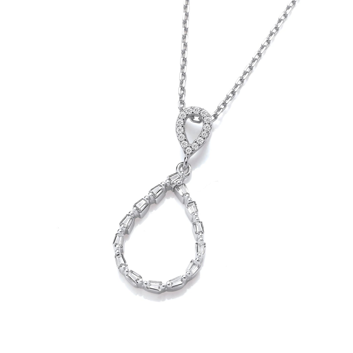 Teardrop Baguette Cubic Zirconias Silver Pendant With Chain