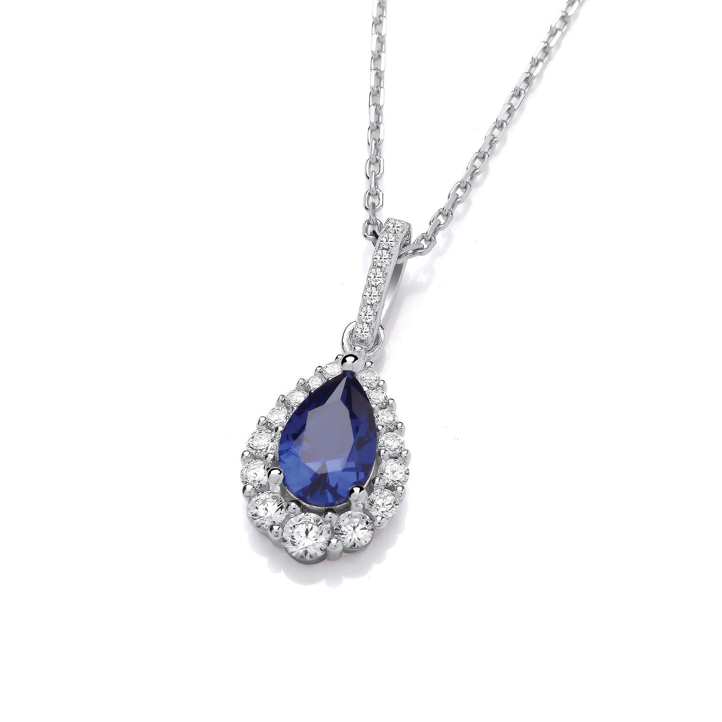 Blue Teardrop Cubic Zirconia Silver Pendant With Chain