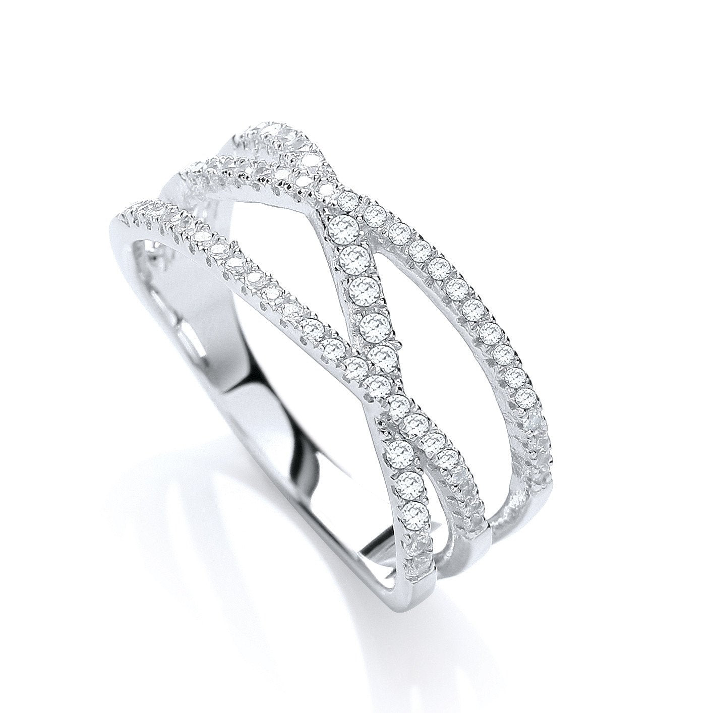 Micro Pave' 3 Row Cross Over With 61 Cubic Zirconia Ring