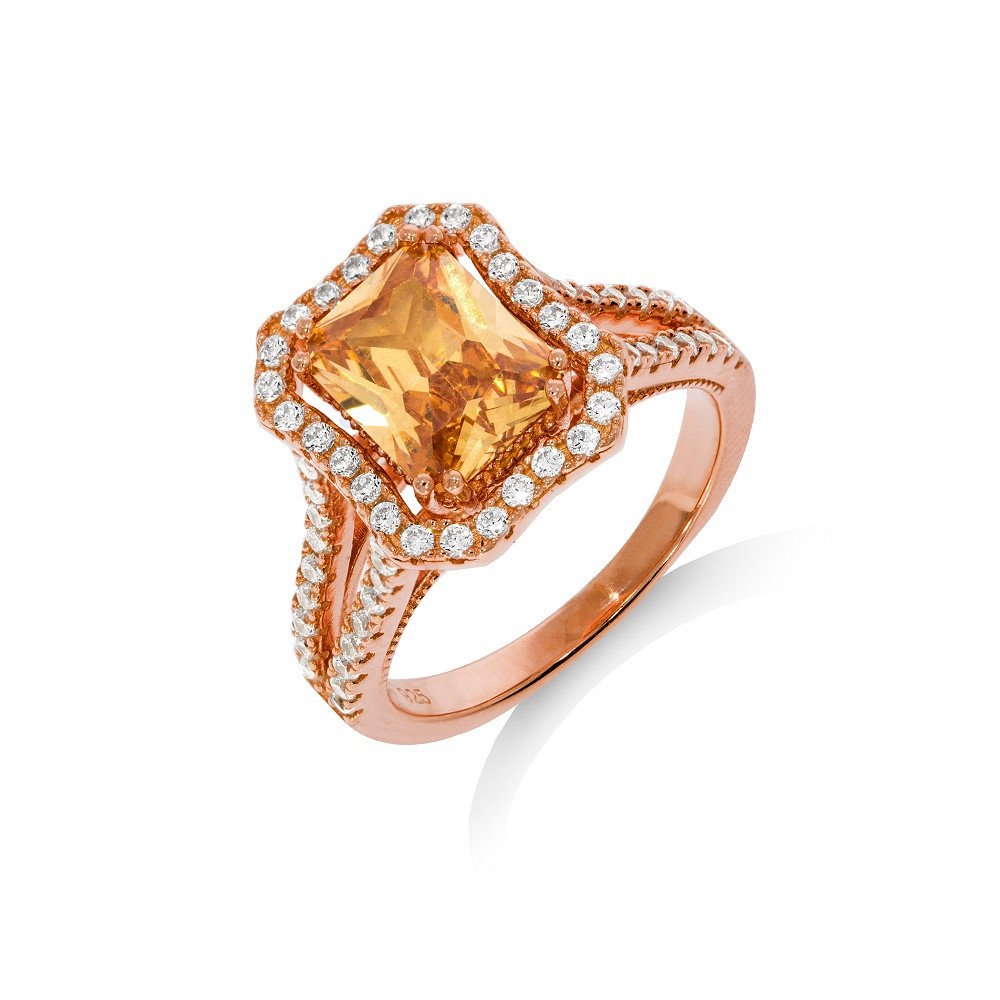 Micro Pave Rose Coated Champagne Centre Silver Cubic Zirconia Ring