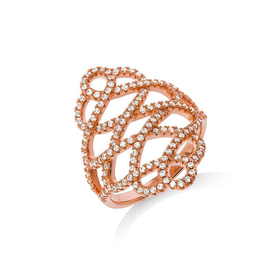 Micro Pave Rose Coated Fancy Silver Cubic Zirconia Ring