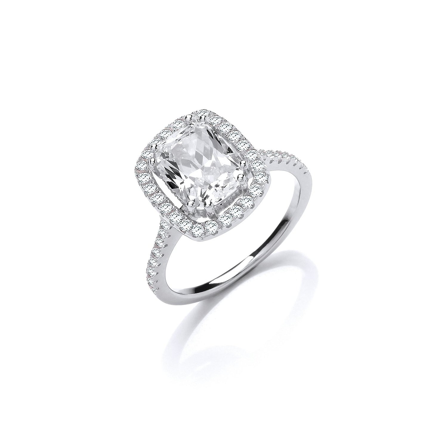 Halo Style High Setting Emerald Cut Cubic Zirconia Silver Ring