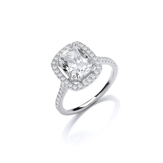 Halo Style High Setting Emerald Cut Cubic Zirconia Silver Ring