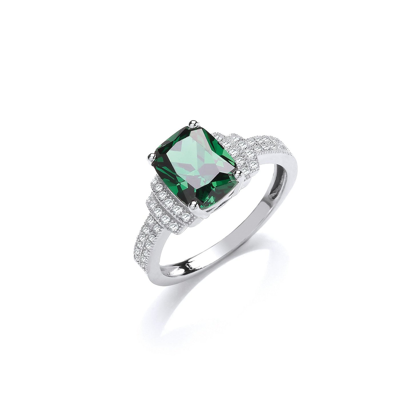 Emerald Cut Green Cubic Zirconia Centre With Clear Cubic Zirconia On Shoulder Silver Ring