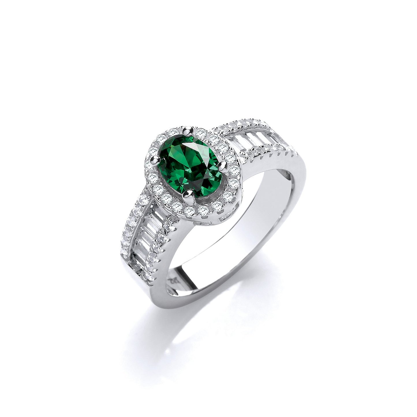 Oval Green Cubic Zirconia With Baguette & Round Cubic Zirconias On Shoulder Silver Ring