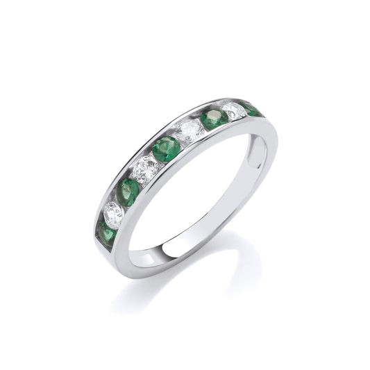 Emerald Green & Clear Cubic Zirconia Half Et Silver Ring