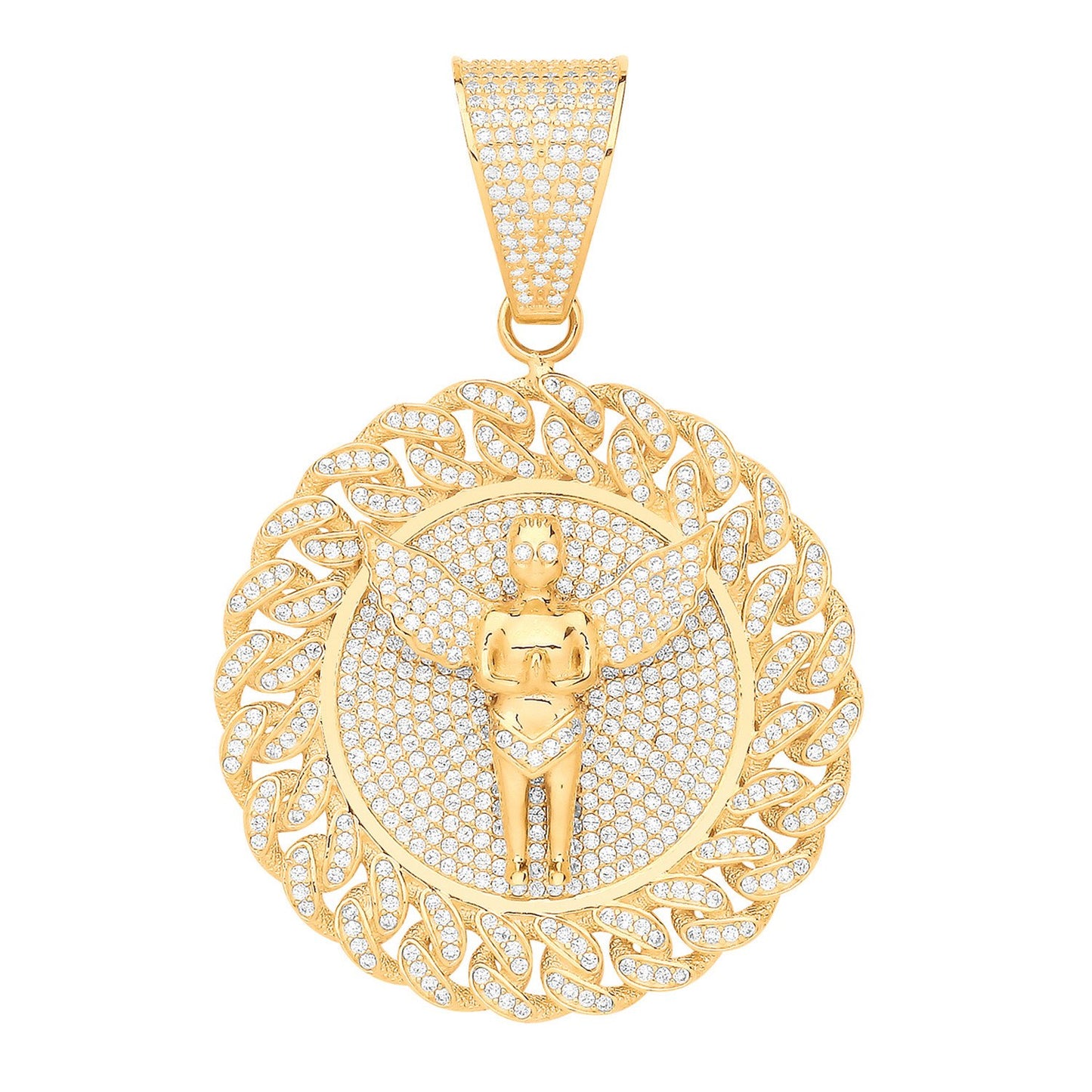 Yellow Gold Angel Medallion  Cubic Zirconia Pendant