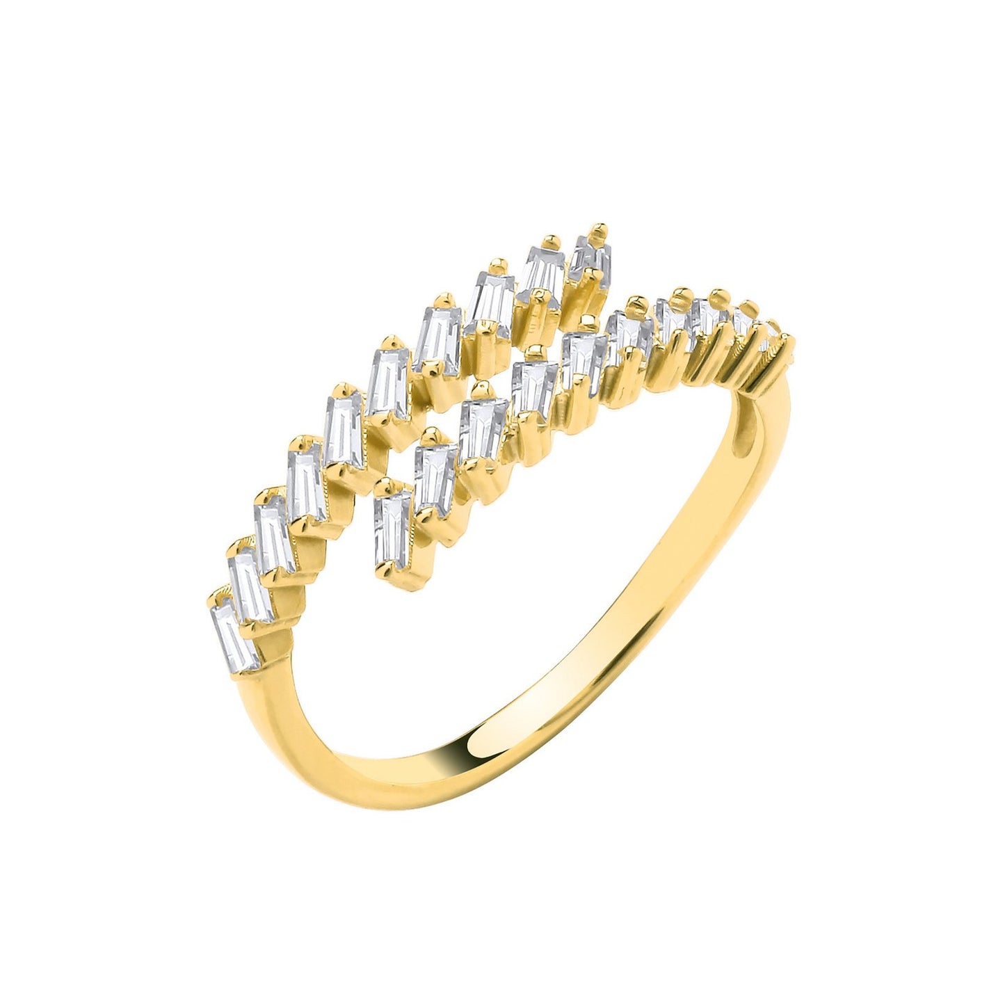 Yellow Gold  Cross-over Cubic Zirconia Baguettes Ladies Ring
