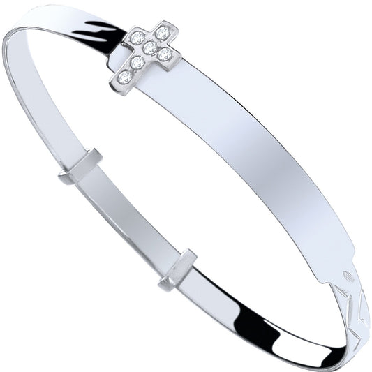 Silver Baby Id With Cubic Zirconia Cross Expandable Bangle