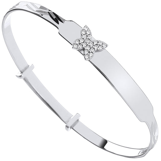 Silver Cubic Zirconia Butterfly Expandable Id Baby Bangle