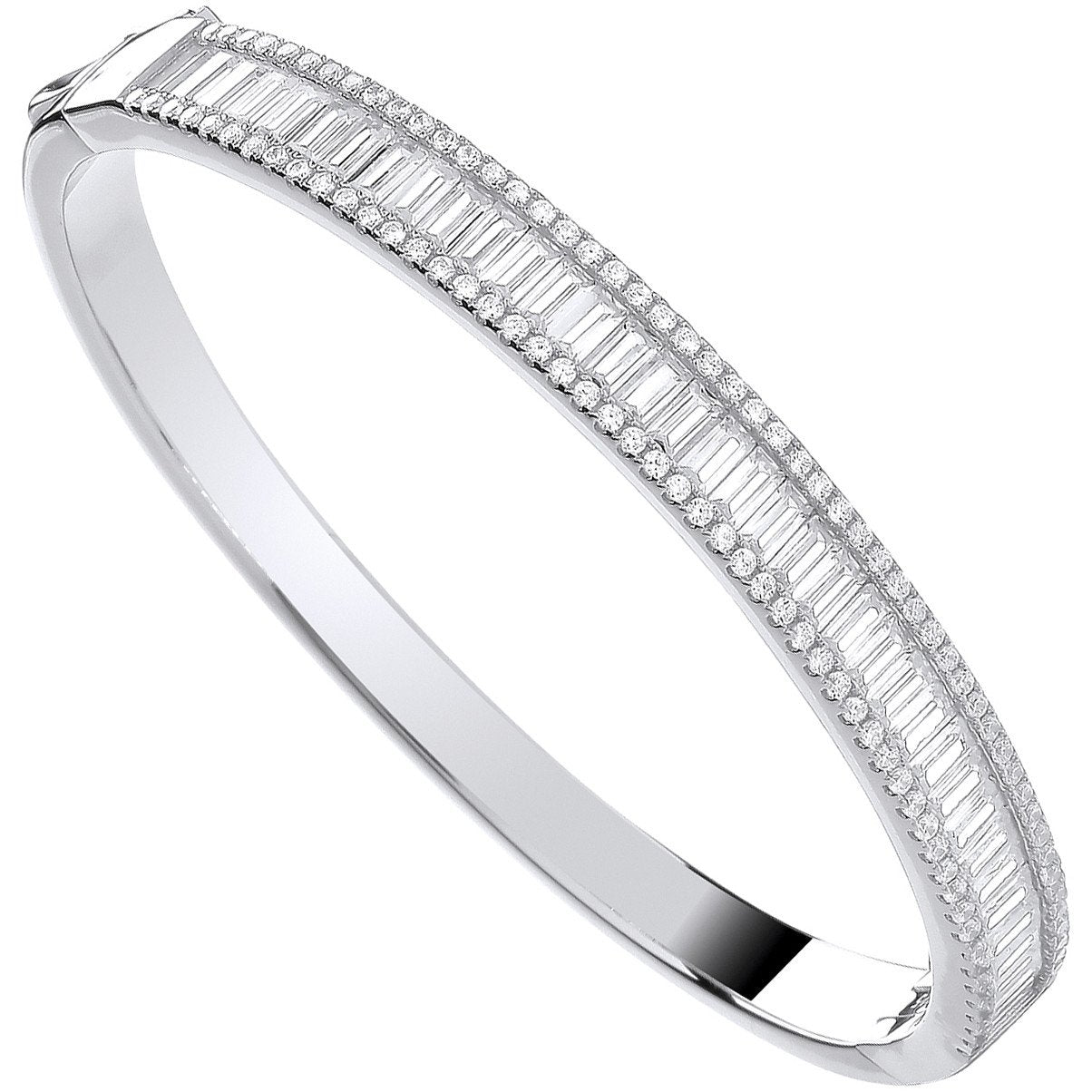 Silver Hinged Baguette & Round Cubic Zirconias Bangle