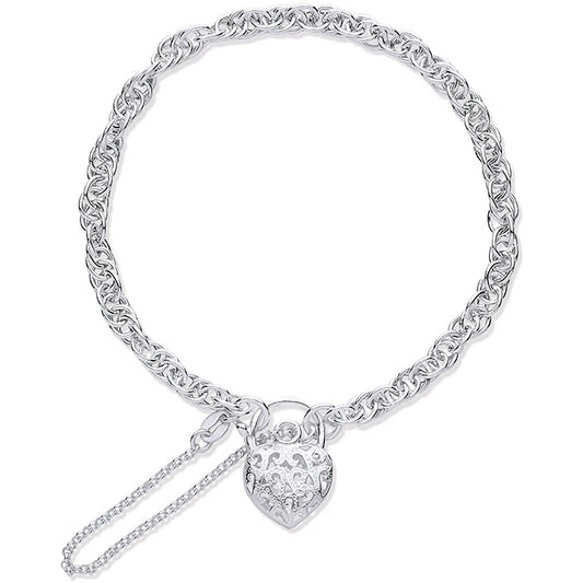 Silver Padlock Charm Bracelet With Safety Chain