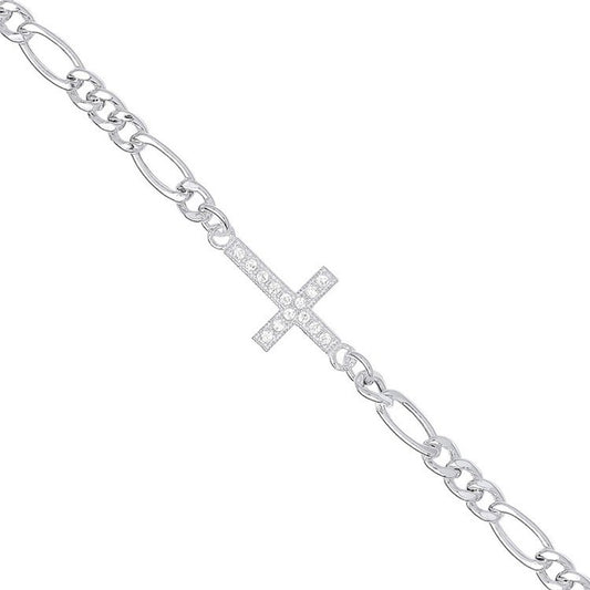 Silver Figaro  Chain With  Cubic Zirconia Cross Bracelet