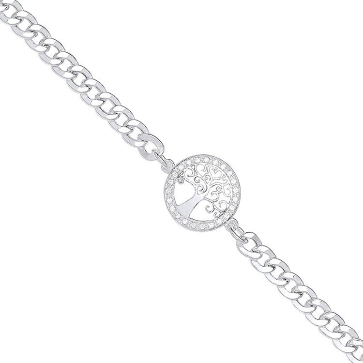 Silver Flat Curb Chain , Cubic Zirconia Tree Of Life Bracelet