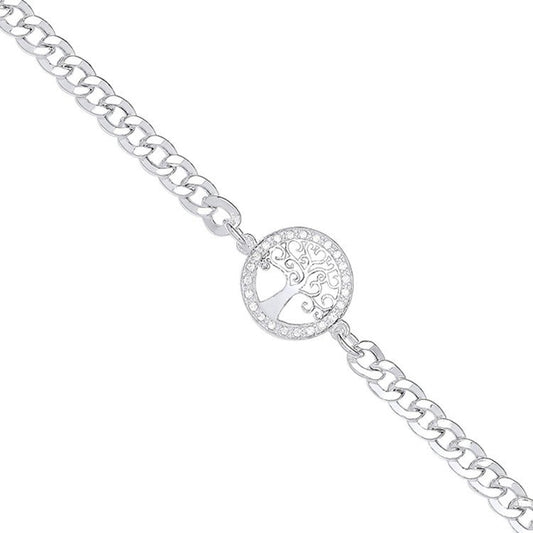 Silver Flat Curb Chain , Cubic Zirconia Tree Of Life Bracelet