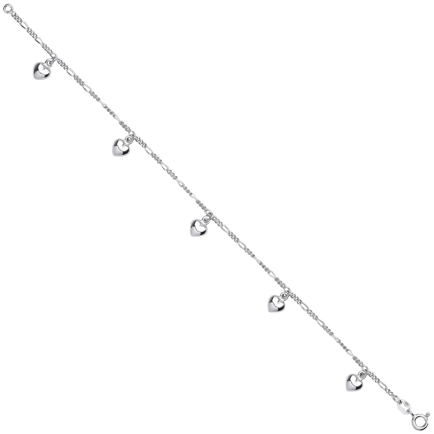Silver Small Figaro Chain With Heart Charms Bracelet