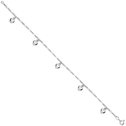 Silver Small Figaro Chain With Heart Charms Bracelet