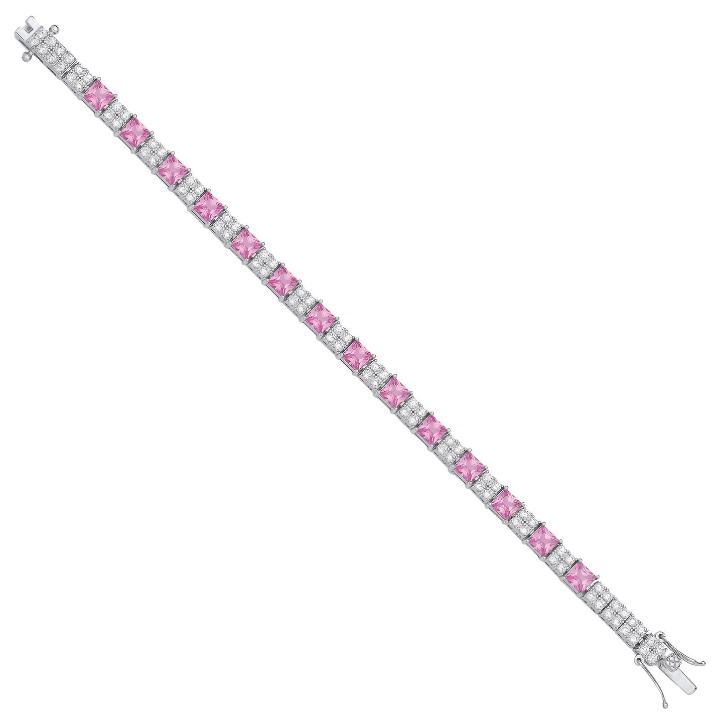 Silver Pink And Clear Cubic Zirconia Tennis Ladies 6.2mm Bracelet