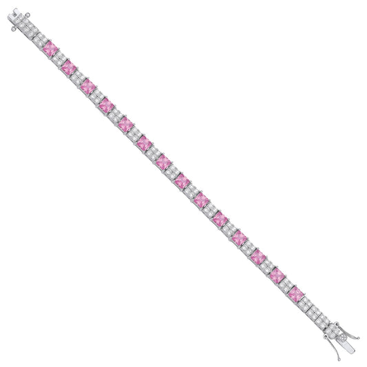 Silver Pink And Clear Cubic Zirconia Tennis Ladies 6.2mm Bracelet