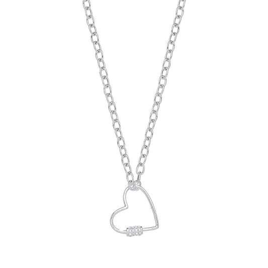 Silver Oval Link Chain , Heart Cubic Zirconia Charm Necklace