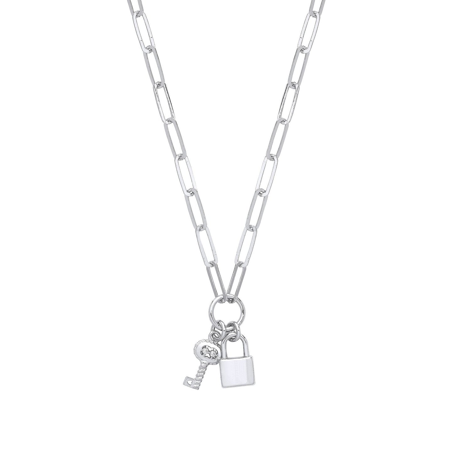 Silver Paper Clip Chain , Padlock  & Cubic Zirconia Key Necklace