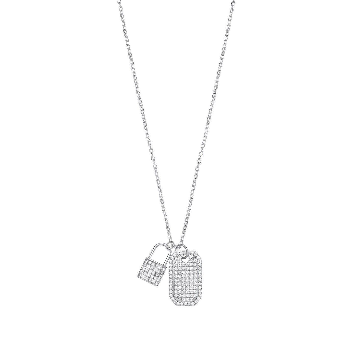 Silver Cubic Zirconia Padlock & Dog Tag Necklace