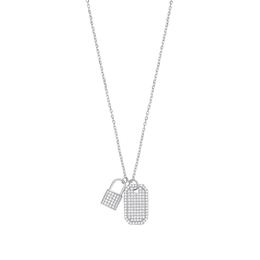 Silver Cubic Zirconia Padlock & Dog Tag Necklace