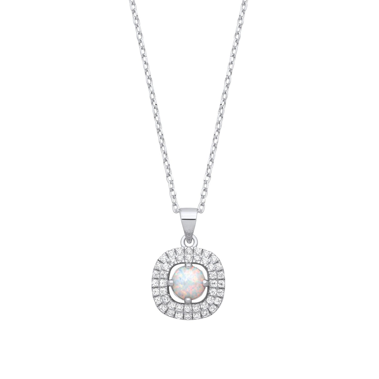 Silver Opal Halo Style Pendant With Chain