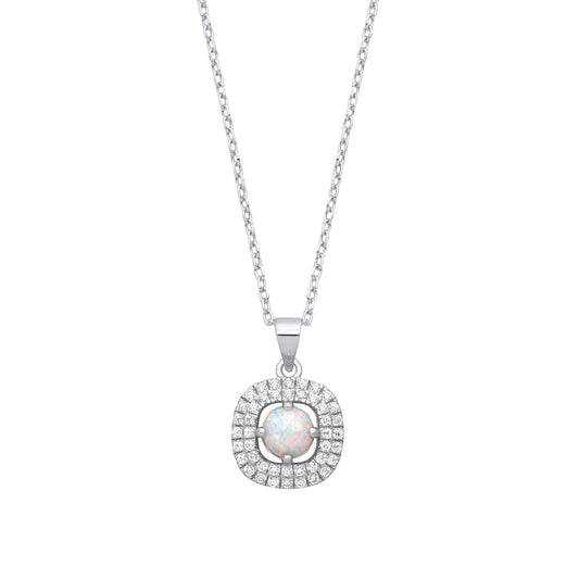 Silver Opal Halo Style Pendant With Chain