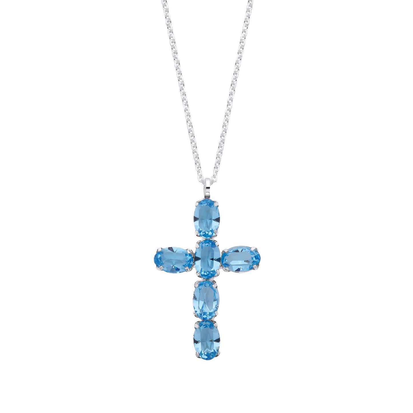 Silver Blue Crystal Cross Pendant On Chain