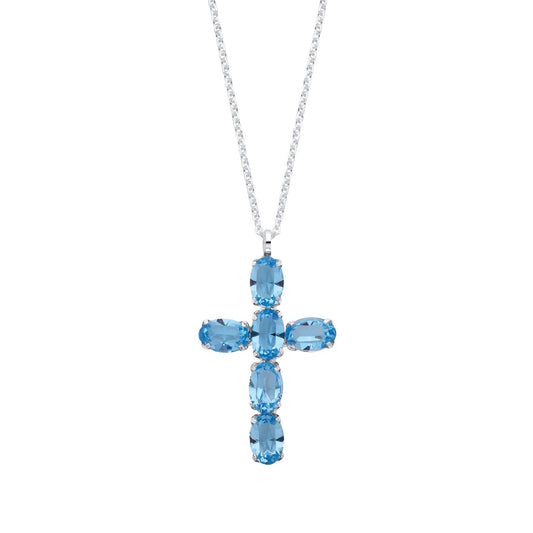 Silver Blue Crystal Cross Pendant On Chain